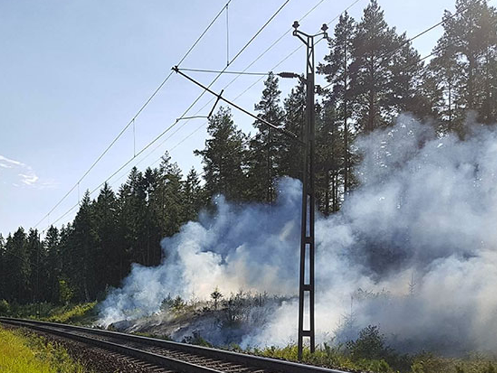 Att en brand uppstår längs järnvägen kan bero på gnistbildning från bromsar eller i samband med exempelvis svetsning och spårslipning. Foto: Trafikverket