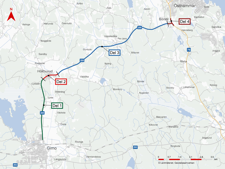 Kartbild med fyra delsträckor utmed väg 288 mellan Gimo och Börstil.
