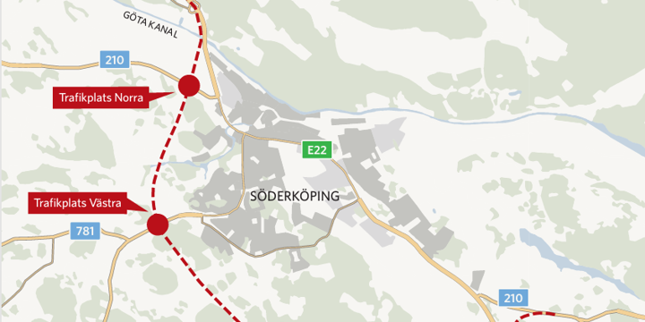 Karta över den nya sträckningen E22, Förbifart Söderköping