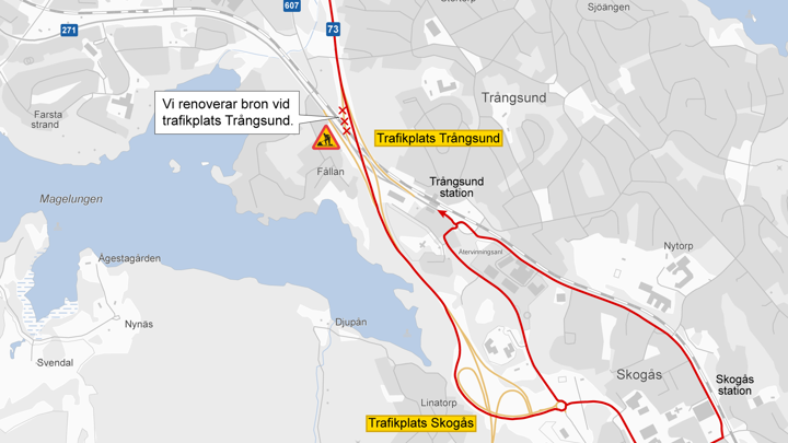 Karta över väg 73 vid trafikplats Trångsund och trafikplats Skogås.