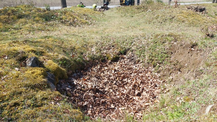 En av de många plundringsgroparna i gravhögarna vid Bönsta. FOTO: Trafikverket.